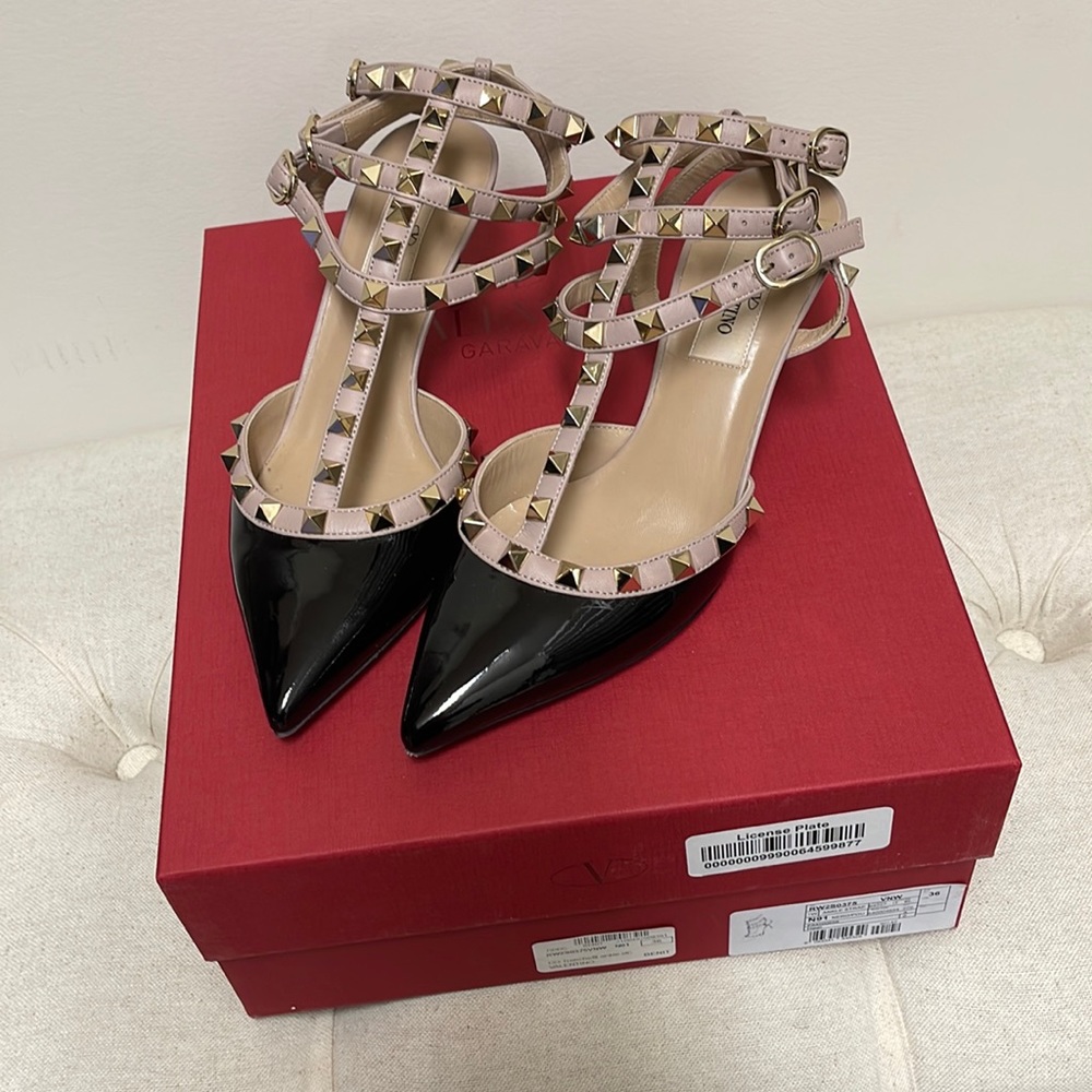 Worn once Valentino rockstud ankle strap heels in patent, black, size 36